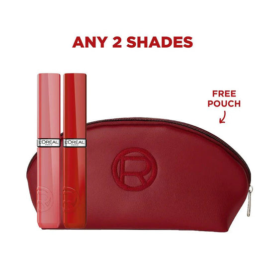 x2 L'Oreal Paris Infallible Laque Resistance Liquid Lipstick 16H Lacquer-Like Shine Finish Longwear & Transfer Resistant 5ml + FREE Red Pouch