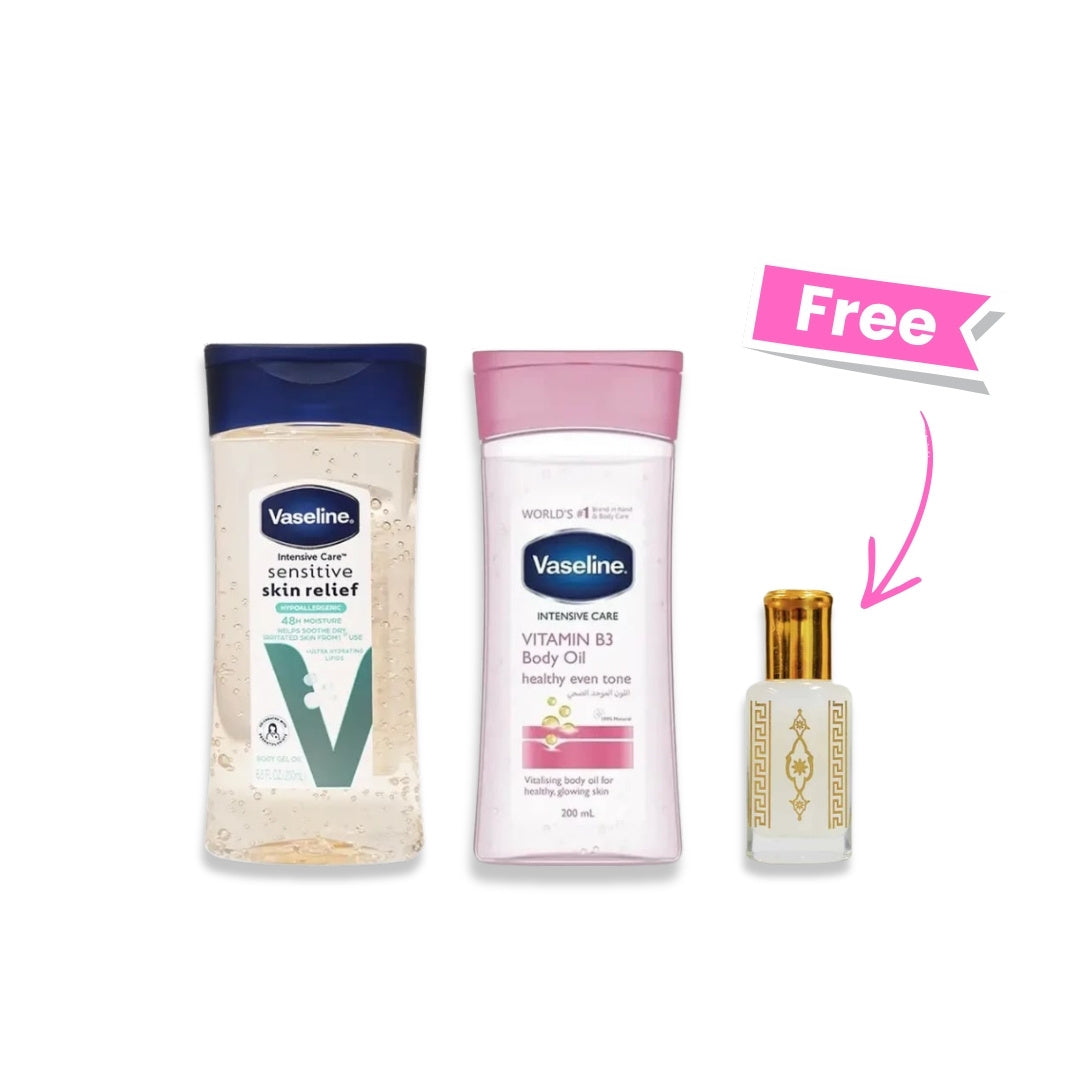 Vaseline B3 Body Oil +  Vaseline Sensitive Skin Relief Body Gel Oil + Free Musk