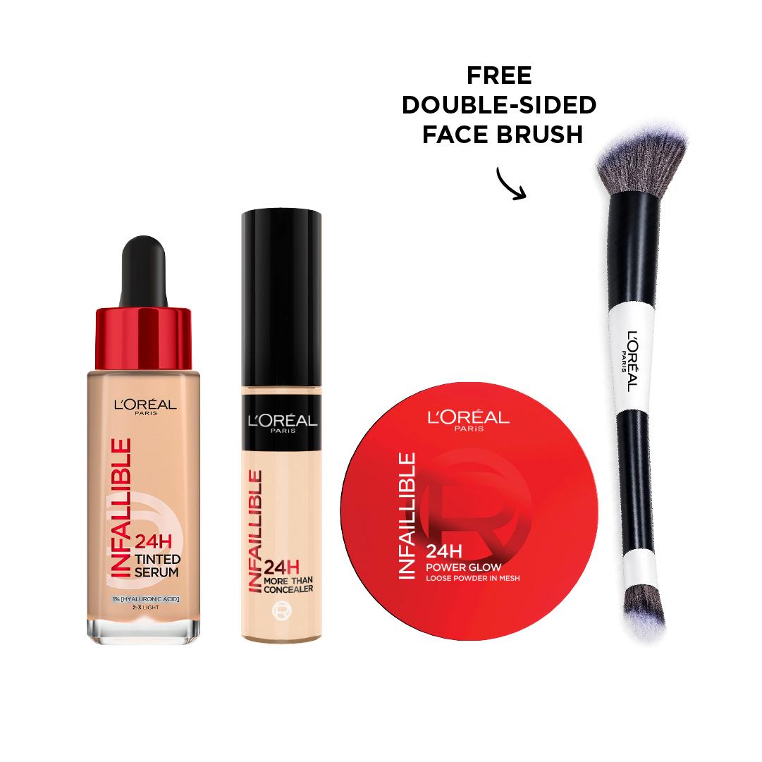 L'Oréal Paris Infallible 24H Tinted Serum + L'Oréal Paris Infallible Full Wear Waterproof Concealer + L'Oréal Paris Infaillible 24H Glow Loose Powder + Free Double Sided Brush