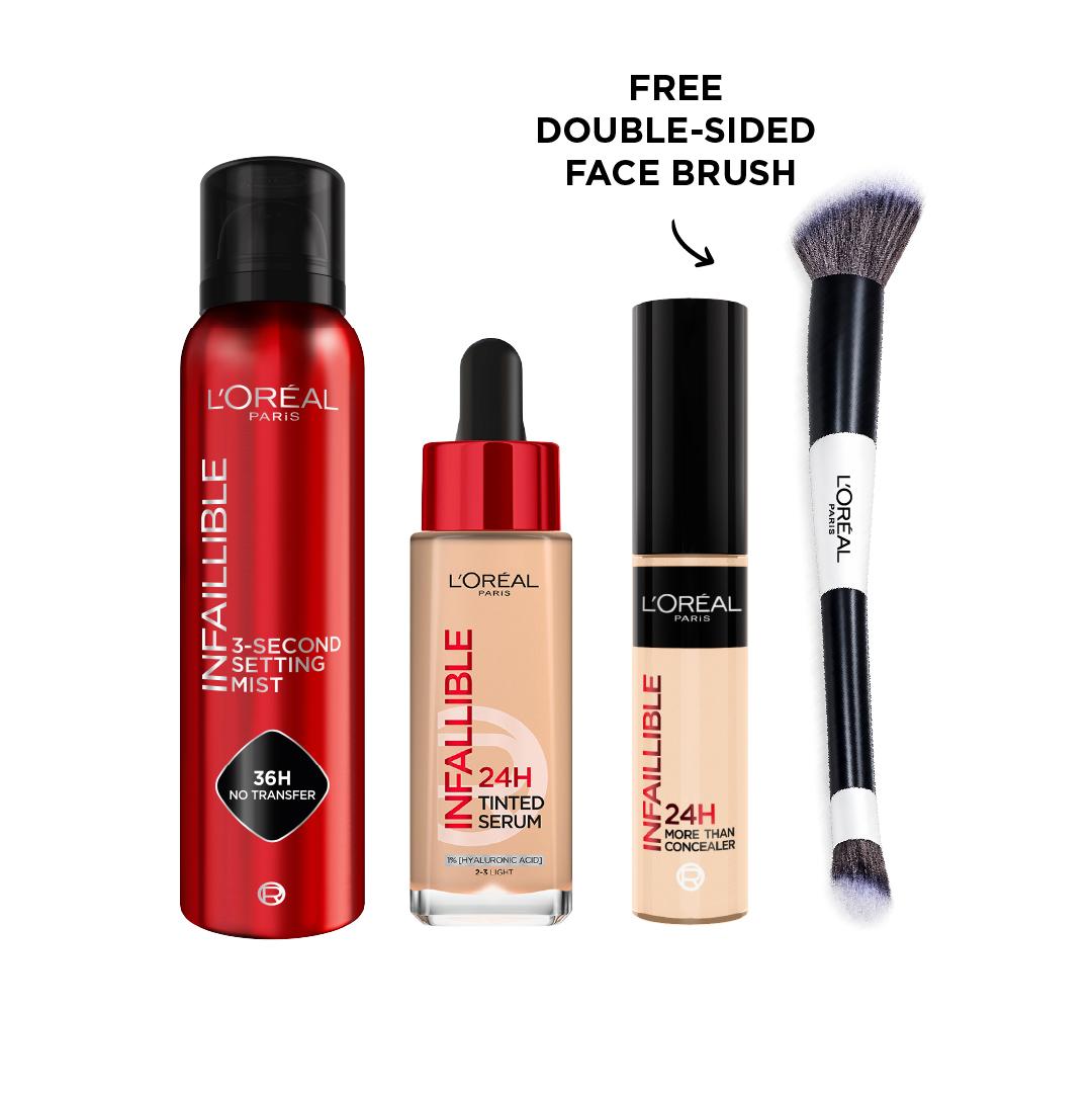 L'Oréal Paris Infallible 3-Second Setting Spray Mist + L'Oréal Paris Infallible 24H Tinted Serum + L'Oréal Paris Infallible Full Wear Waterproof Concealer + Free Double Sided Face Brush