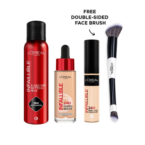 L'Oréal Paris Infallible 3-Second Setting Spray Mist + L'Oréal Paris Infallible 24H Tinted Serum + L'Oréal Paris Infallible Full Wear Waterproof Concealer + Free Double Sided Face Brush