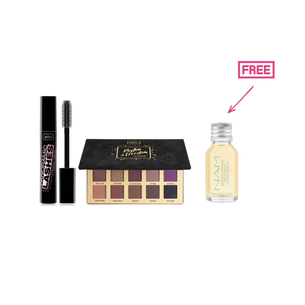 Wibo Panoramic Lashes Mascara +Wibo Rhythm Of Freedom Eyeshadow Palette +Free Wibo Nam Before Makeup Treatment Lifting Serum