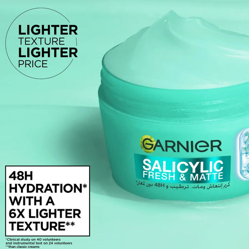 Garnier Salicylic Fresh & Matte Cream - Hydration, 48H Oil Free - 5% [Niacinamide + Salicylic Acid + Centella Asiatica] -
