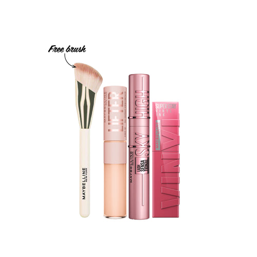 Maybelline New York Lifter Concealer + Maybelline New York Lash Sensational Sky High Mascara + Maybelline New York Super Stay Vinyl Ink + Free Brush