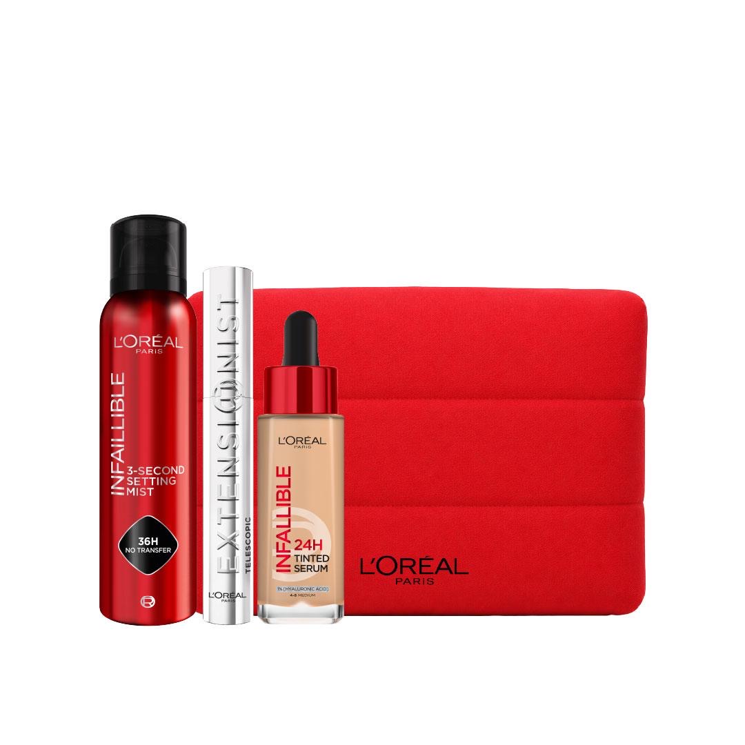 L'Oréal Paris Infallible 24H Tinted Serum +  L'Oréal Paris Infallible 3-Second Setting Spray Mist + L'Oréal Paris Telescopic Extensionist Mascara + Free Makeup Pouch