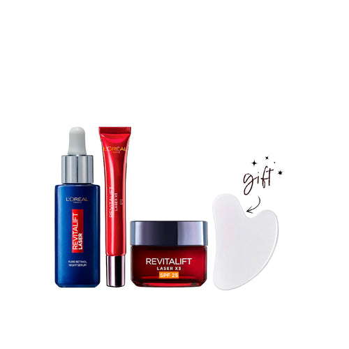 L'Oréal Paris Revitalift Laser Eye Cream +L'Oréal Revitalift Laser Pure Retinol Serum +L'Oréal  Revitalift Laser Triple Action Day Cream 50ml Spf 25
Quantity + Free Gua Sha