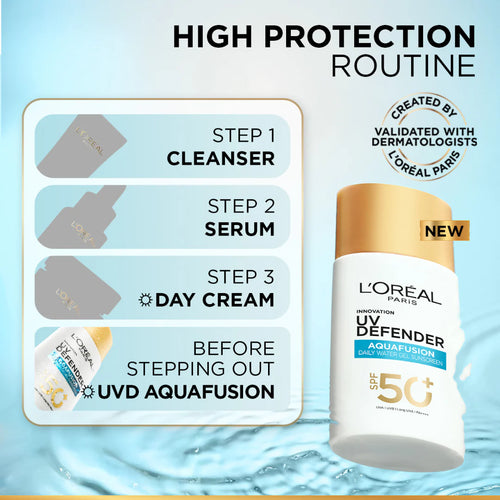L’Oréal Paris, UV Defender, Aquafusion Daily Water Gel Sunscreen, SPF50+ PA++++, Defends from all UV aging signs, Absorbs in 3 Seconds, 50ml