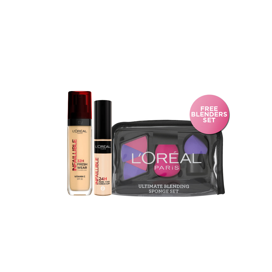 L'Oréal Paris Infaillible 32H Freshwear Liquid Foundation SPF25 + L'Oréal  Infallible Full Wear Waterproof Concealer + FREE BLENDERS SET