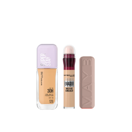Maybelline Super Stay Up To 30H Lumi Matte Foundation +Maybelline New York Instant Age Rewind Concealer + Maybelline New York Maybe It's Serum Lipstick