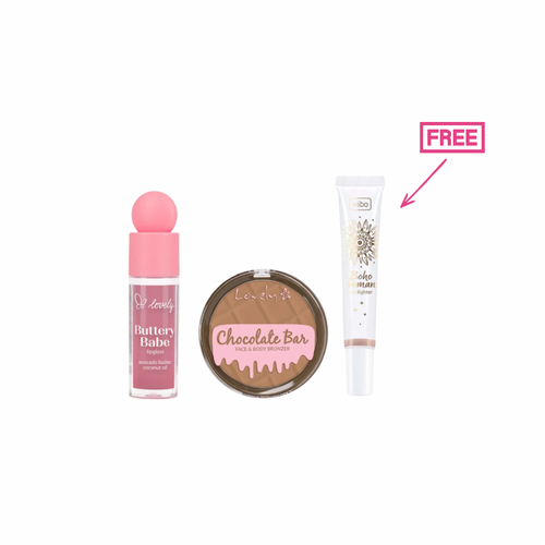 Wibo Lovely Buttery Babe Lip Gloss + Wibo Powder Bronzer For Face and Body Chocolate Bar + Free Wibo Highlighter