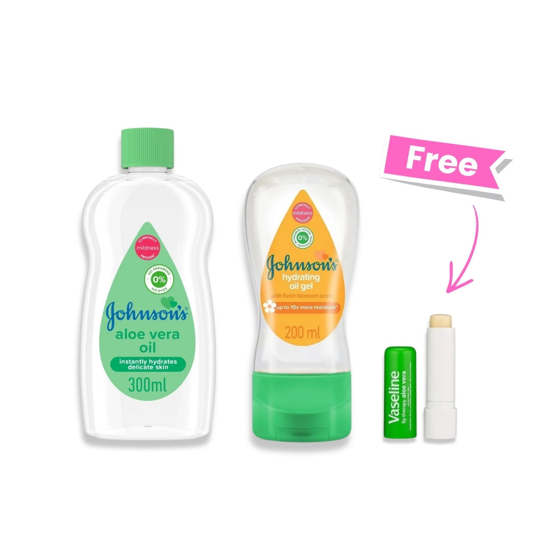 Johnson's Baby Oil Aloe Vera + Johnson's Baby Oil Gel Blossom 200ml + Free Vaseline Lip Care Aloe Vera Stick 4.8g