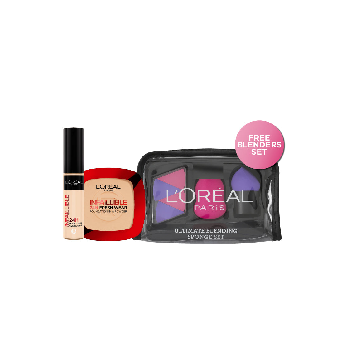 L’Oreal Paris infallible Up to 24H Fresh Wear Foundation in a Powder +L'Oréal  Infallible Full Wear Waterproof Concealer + Free Blenders Set