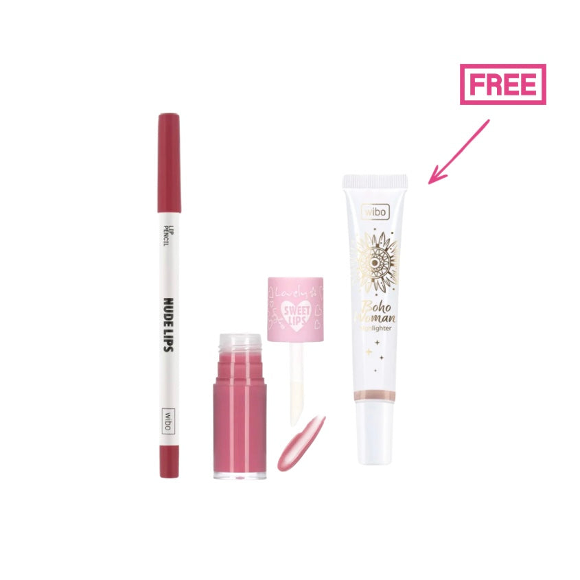 Wibo Million Dollar Lip Pencil +Wibo Lovely Sweet Lip Gloss + Free Wibo Highlighter