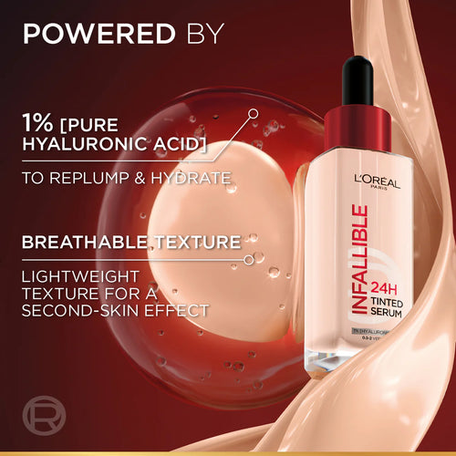 L'Oréal Paris Infallible 24H Tinted Serum With 1% Hyaluronic Acid For Radiant Hydrated Skin, Light To Medium Coverage, 30ml
