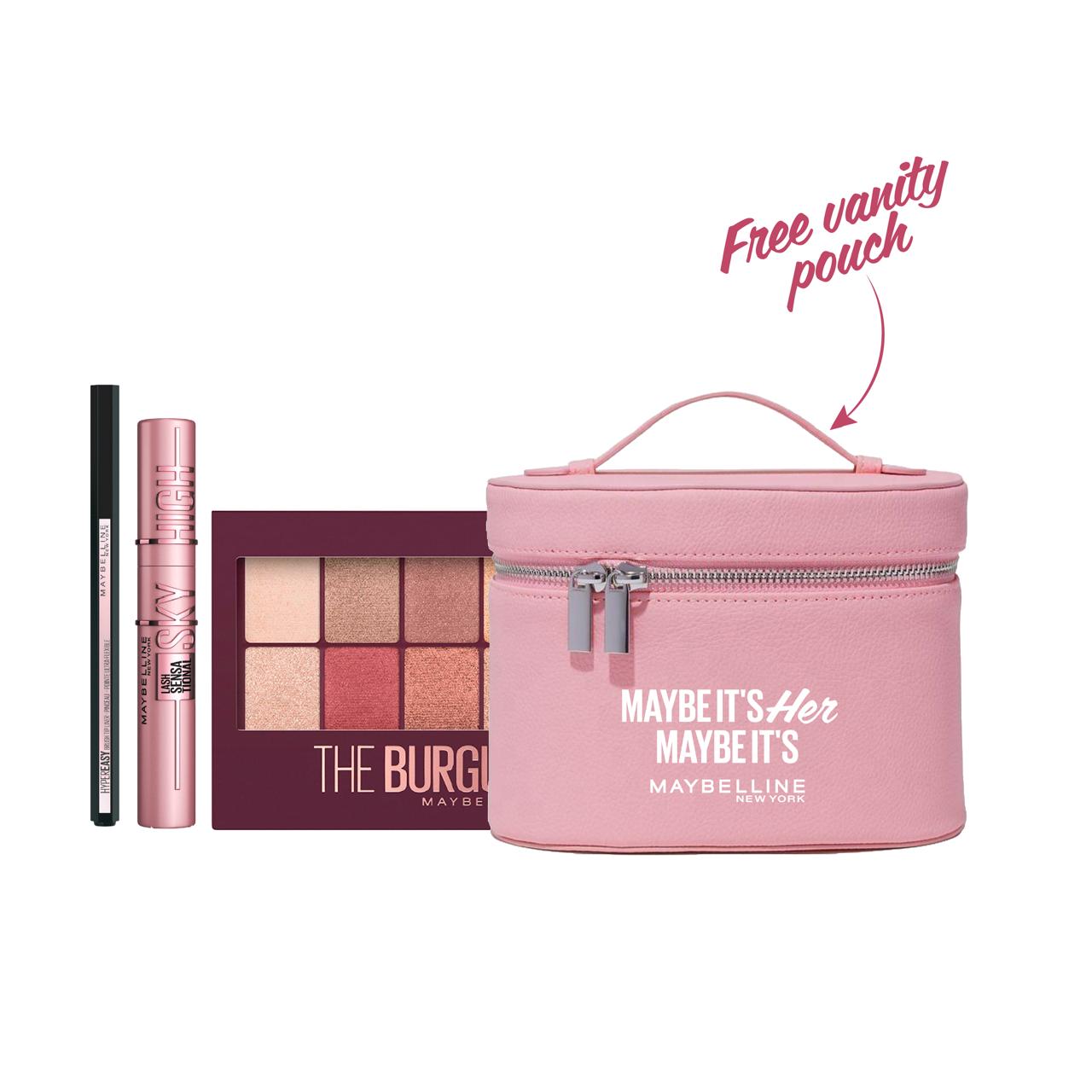 Maybelline New York The Burgundy Bar Eyeshadow Palette +Maybelline Lash Sensational Sky High Mascara + Maybelline  Eyestudio Hyper Easy Liquid Liner Matte + FREE POUCH