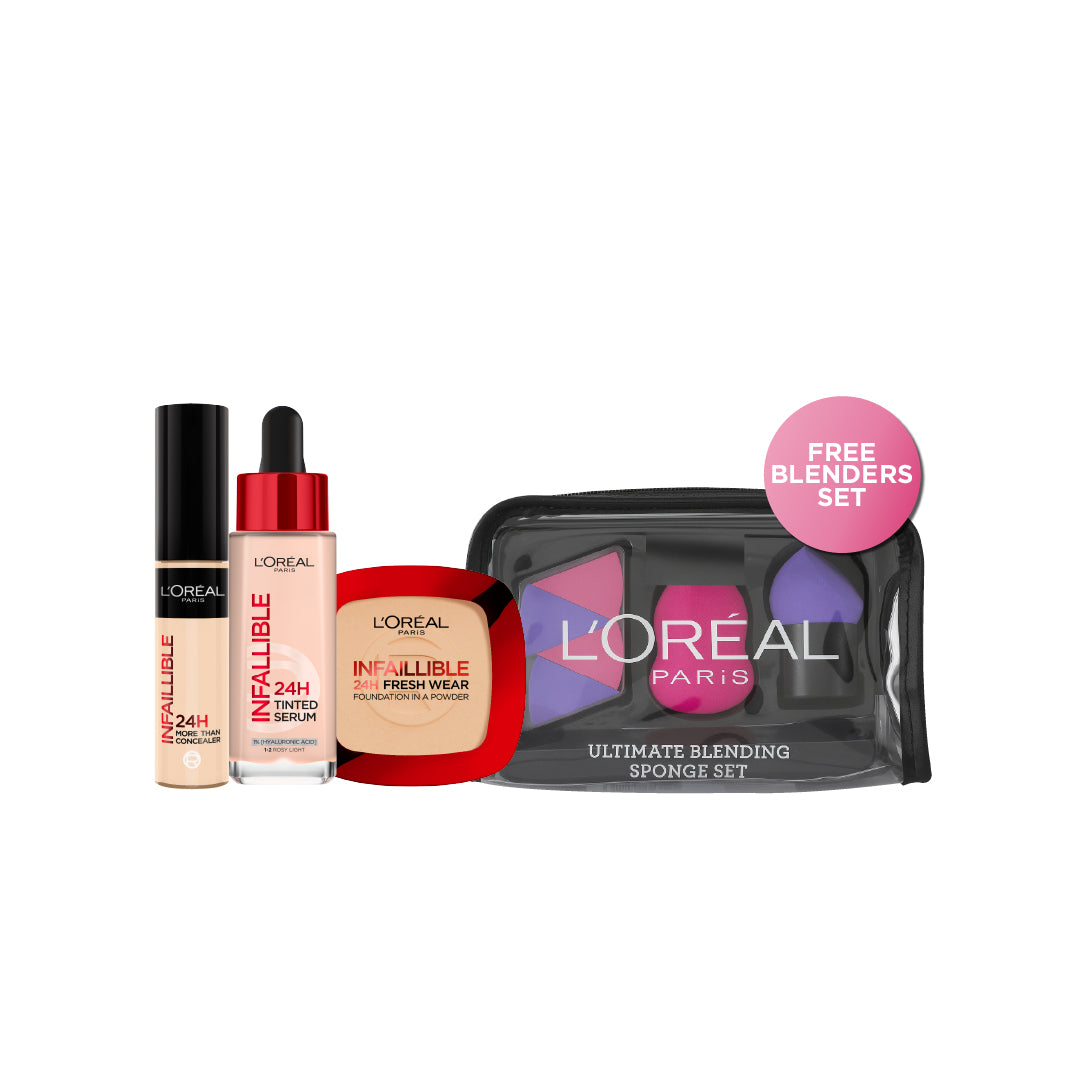 L'Oréal Paris Infallible 24H Tinted Serum + L'Oréal  Infallible Full Wear Waterproof Concealer + L’Oréal infallible Up to 24H Fresh Wear Foundation in a Powder + FREE BLENDERS SET