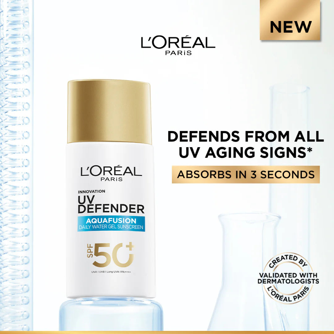 L’Oréal Paris, UV Defender, Aquafusion Daily Water Gel Sunscreen, SPF50+ PA++++, Defends from all UV aging signs, Absorbs in 3 Seconds, 50ml