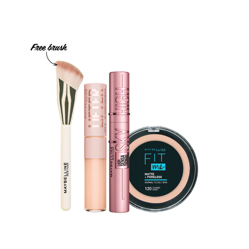 Maybelline New York Lifter Concealer +Maybelline Fit Me Matte + Poreless Compact Powder + Maybelline New York Lash Sensational Sky High Mascara + Free Brush