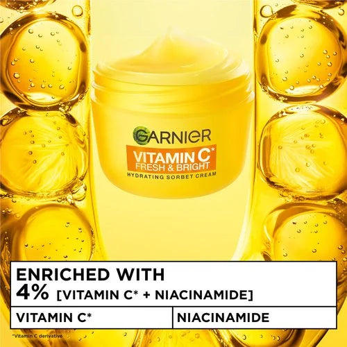 Garnier  Vitamin C* Fresh & Bright Hydrating Sorbet Cream Hydration, 48H - 4% [Vitamin C* + Niacinamide] l