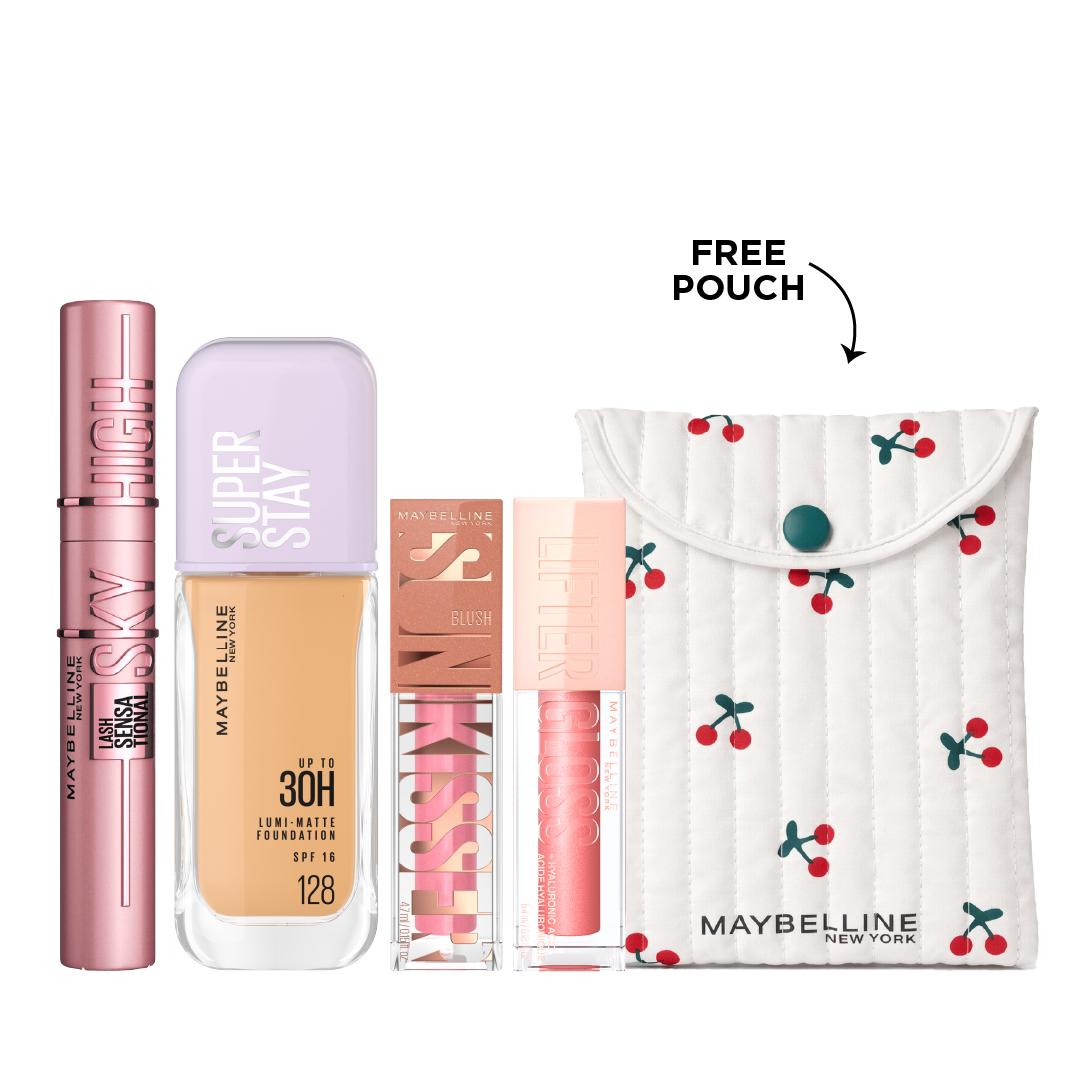 Maybelline Super Stay Up To 30H Lumi Matte Foundation + Maybelline Sunkisser Blush + Maybelline Lifter Gloss + Maybelline  Lash Sensational Sky High Mascara + Free Cherry Pouch