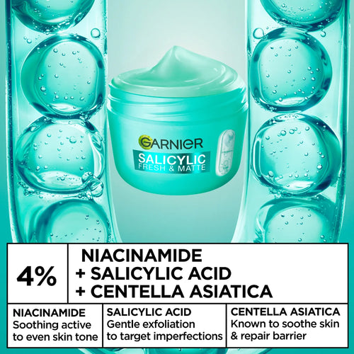Garnier Salicylic Fresh & Matte Cream - Hydration, 48H Oil Free - 5% [Niacinamide + Salicylic Acid + Centella Asiatica] -