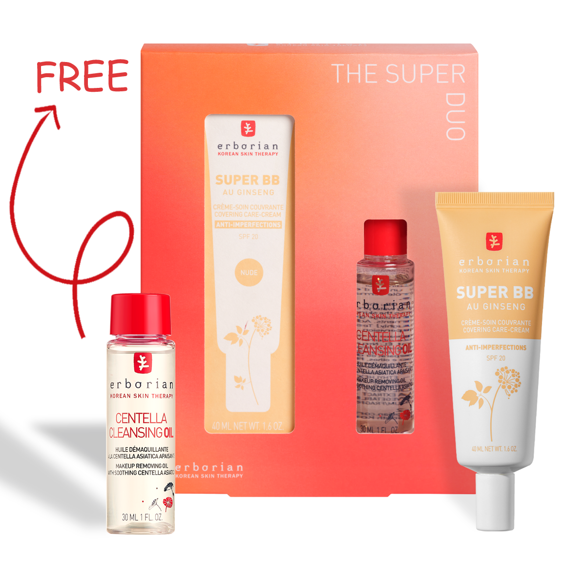 Erborian - The Super Duo - Super BB 23 Oil Kit - Super BB Nude 40ml + Centella Cleansing Oil 30ml - Nude
