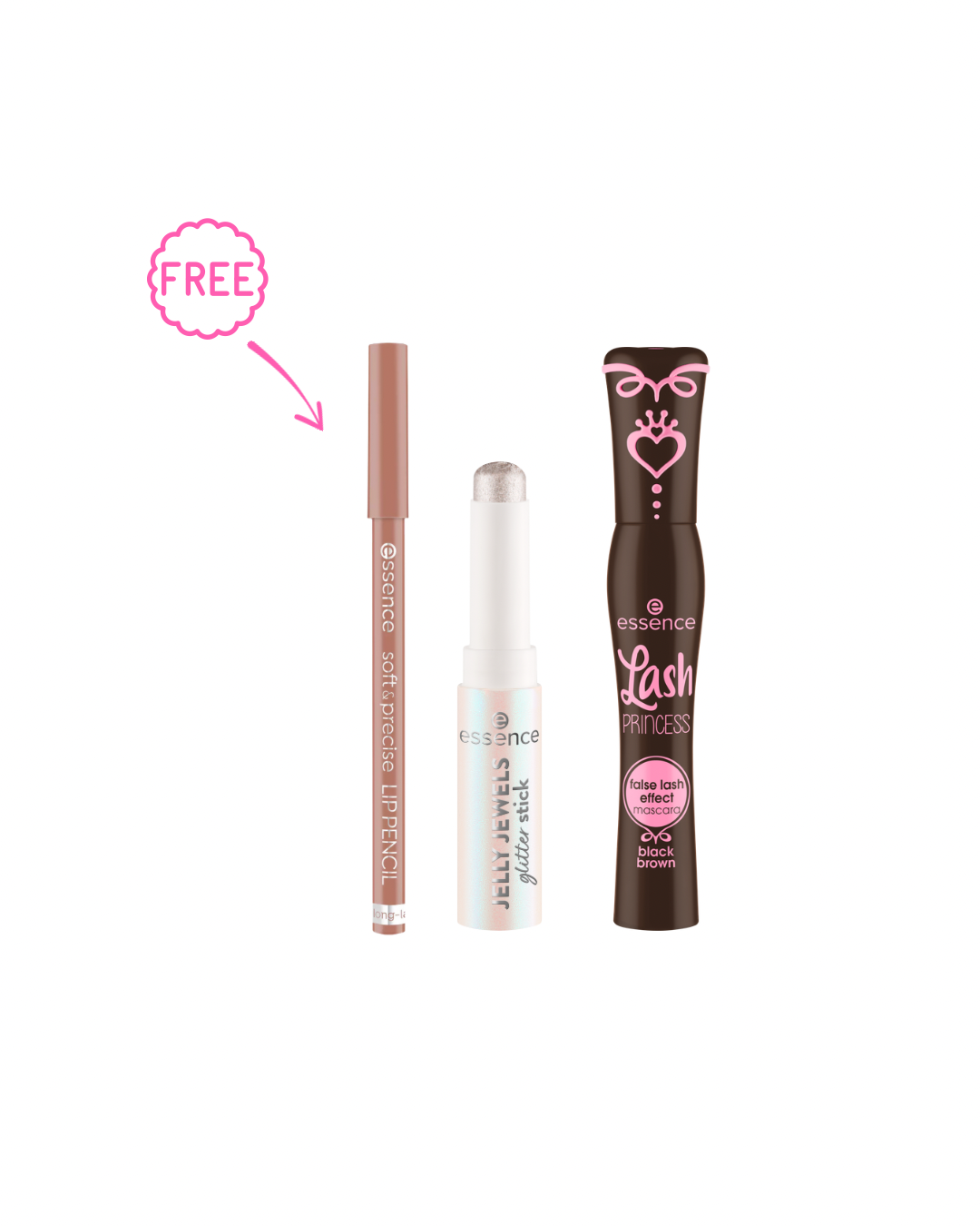 Essence JELLY JEWELS glitter stick + Essence Lash Princess false lash Mascara Brown + FREE Essence soft & precise LIP PENCIL - 402 Honey Stly