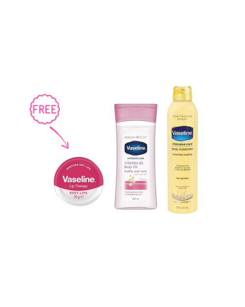 Vaseline B3 Body Oil + Vaseline Intensive Care Spray Body Lotion For Dry Skin + FREE Vaseline Lip Therapy Rosy Lips
