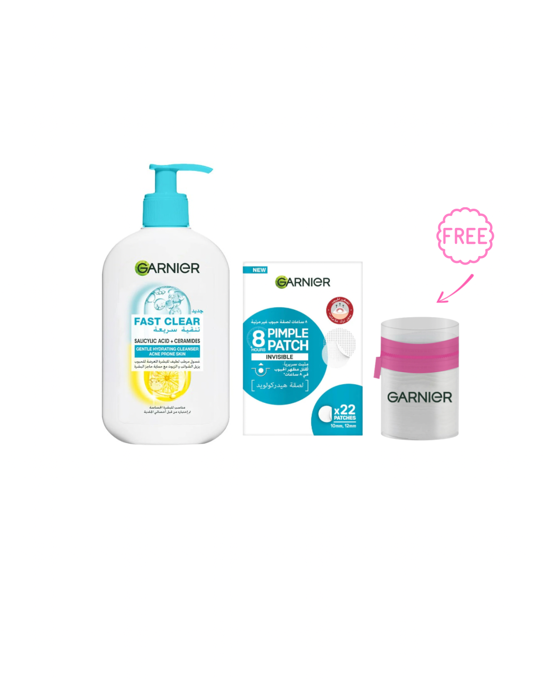 Garnier Fast Clear Gentle Hydrating Cleanser + Garnier 8hrs pimple patch + FREE Garnier Cotton Pouch
