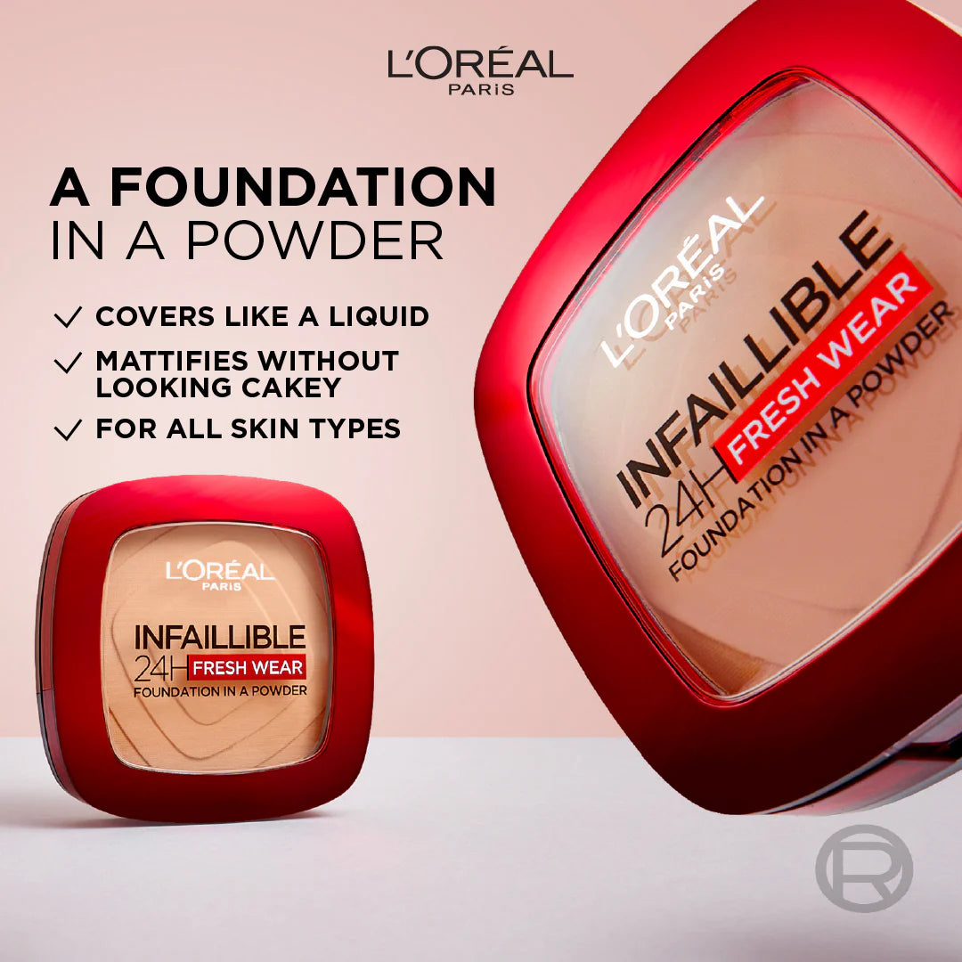 L’Oréal  Paris infallible Up to 24H Fresh Wear Foundation in a Powder- Waterproof, Heatproof, Sweatproof
