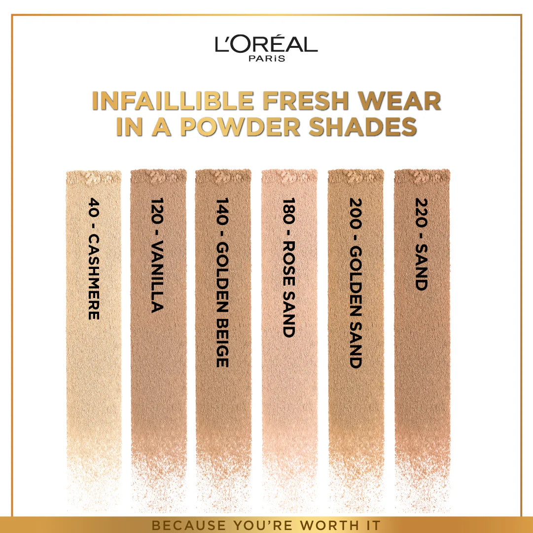 L’Oréal  Paris infallible Up to 24H Fresh Wear Foundation in a Powder- Waterproof, Heatproof, Sweatproof