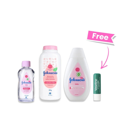 Johnson's Blossoms Cornstarch Baby Powder  +Johnson Baby Lotion 300 ML + JOHNSON BABY OIL 200ML + Free Vaseline Lip Care Mint Stick