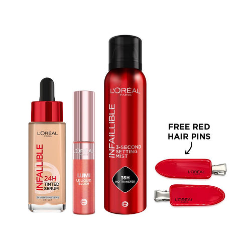 L'Oréal Paris Infallible 24H Tinted Serum  + L'Oréal Paris Infallible 3-Second Setting Spray Mist + L'Oréal Paris Lumi Le Liquid Blush Free Red Hair Pins